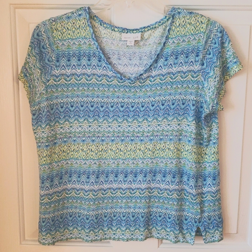 J.Jill V-neck Blues/Yellow love linen Short-sleeve Tee Size: SP
